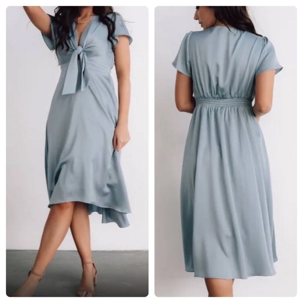 Baltic Born Dusty Blue Midi Dress with Tie Front
